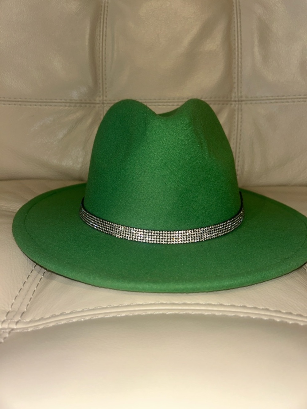 Green Wide-Brim Fedora Hat with Rhinestone Band